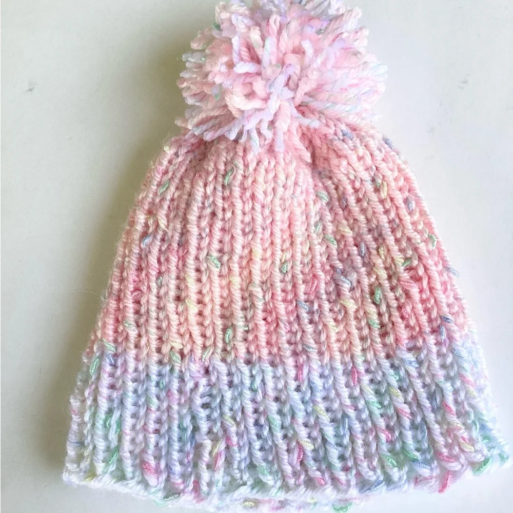 Beanie Pom Pom Hand Crafted Pastel Knit Pink White